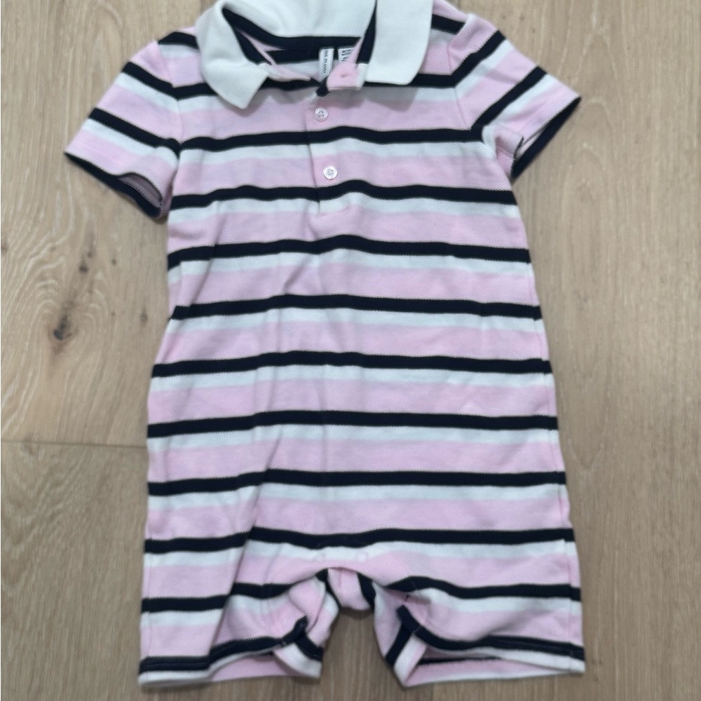 Janie and Jack Pink Striped Polo Romper Shortall with Collar
